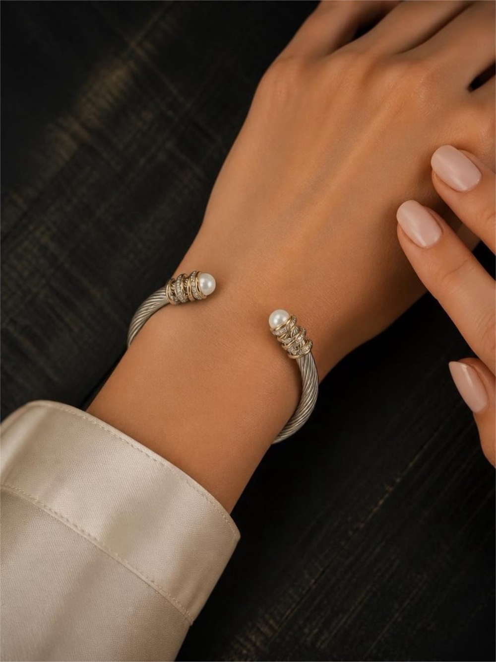 Faux DY David Elegant Silver-Tone Pearl Cable Cuff Bracelet